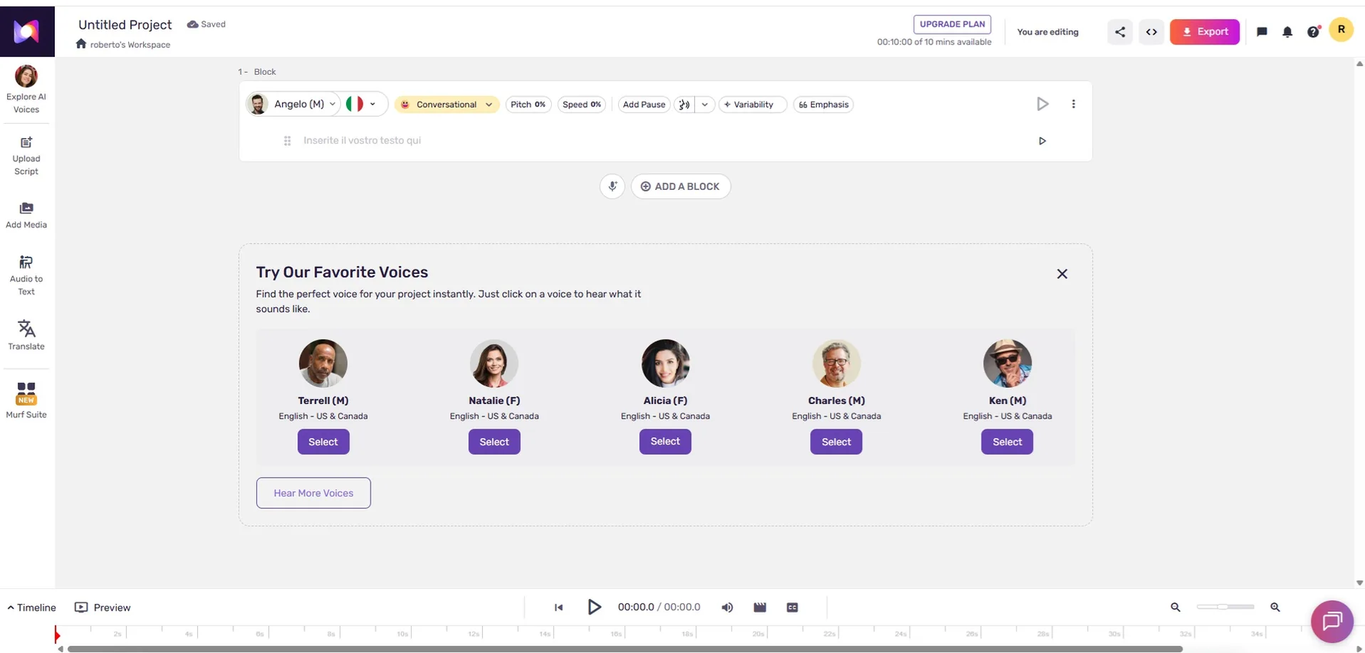 Interfaccia di Murf Studio con voce italiana e controlli