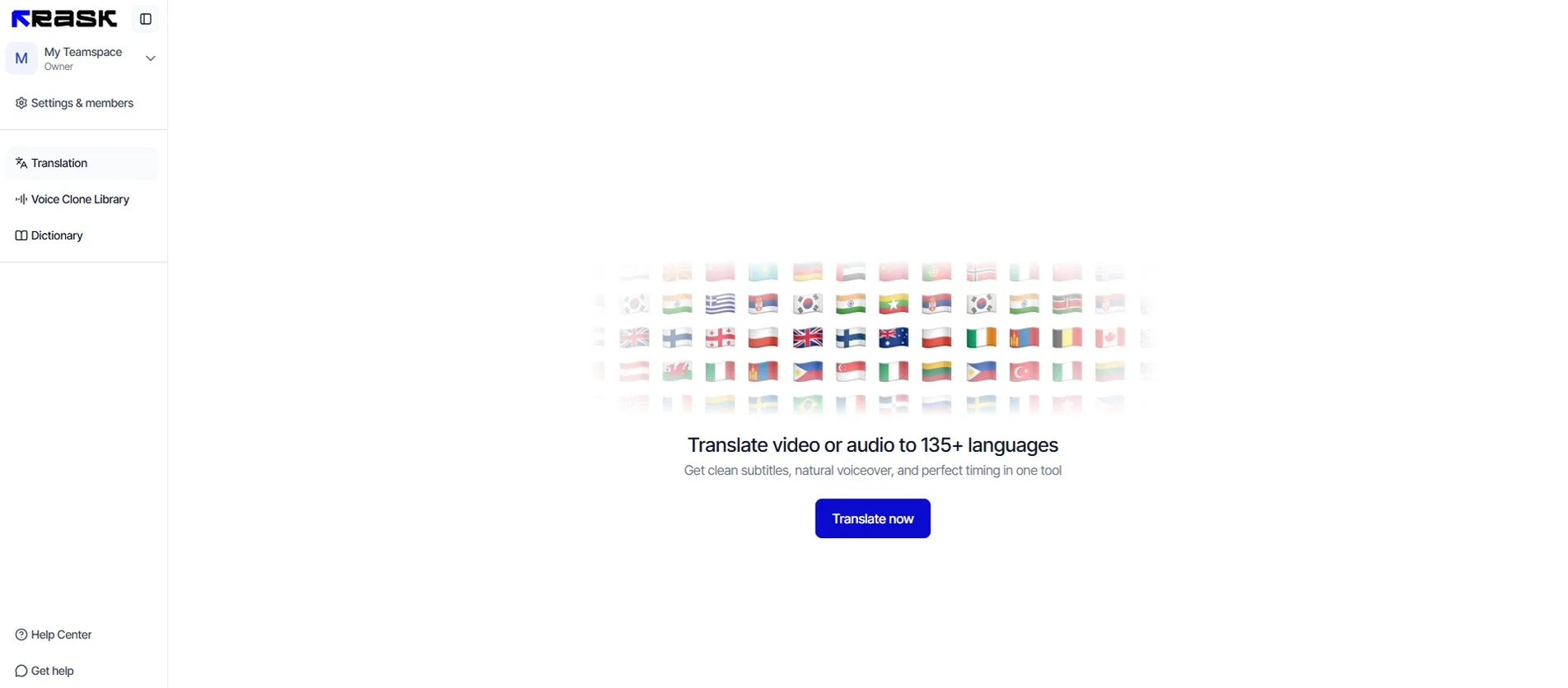 La dashboard di Rask AI: un solo flusso, Translation, più libreria voci e dizionario