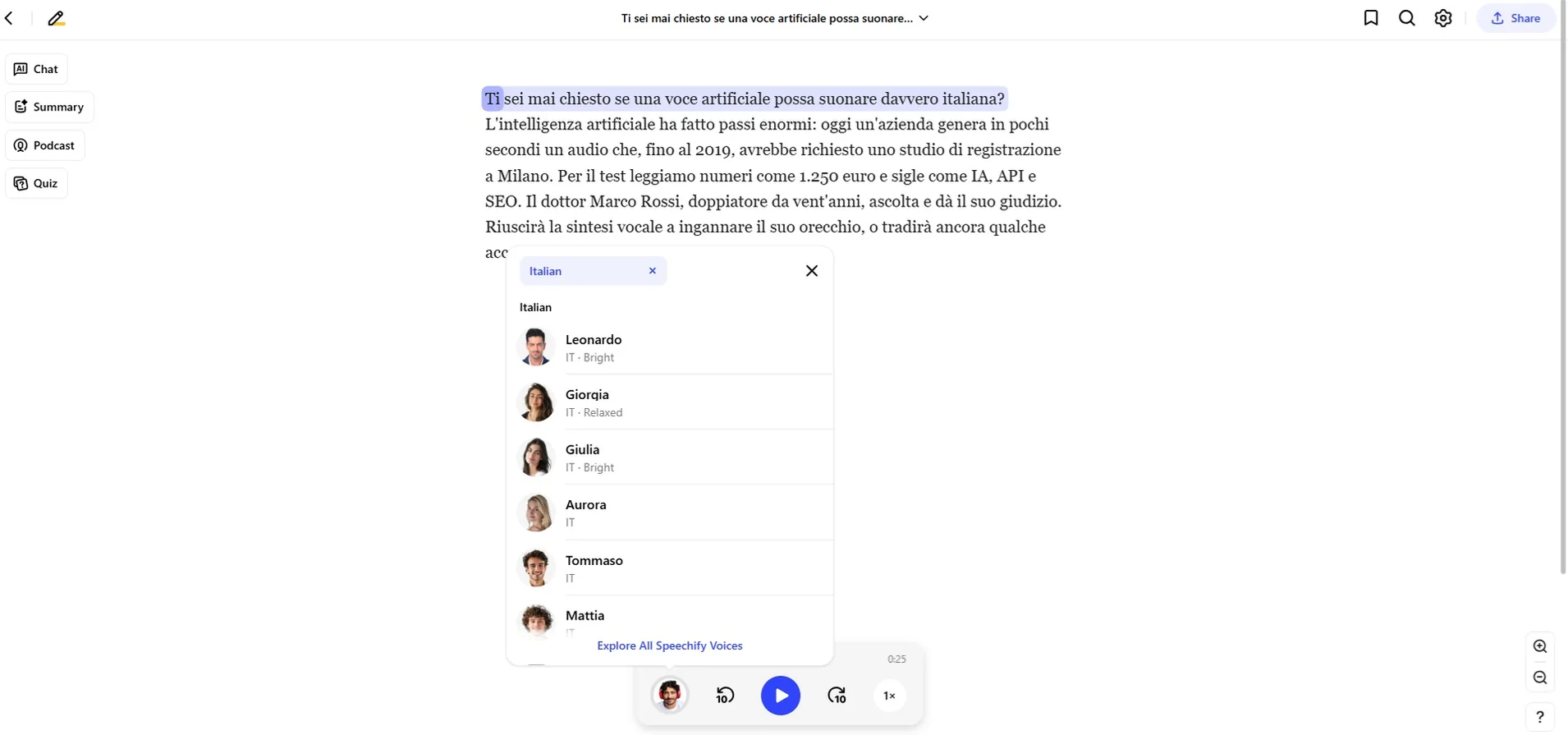 Voci italiane di Speechify