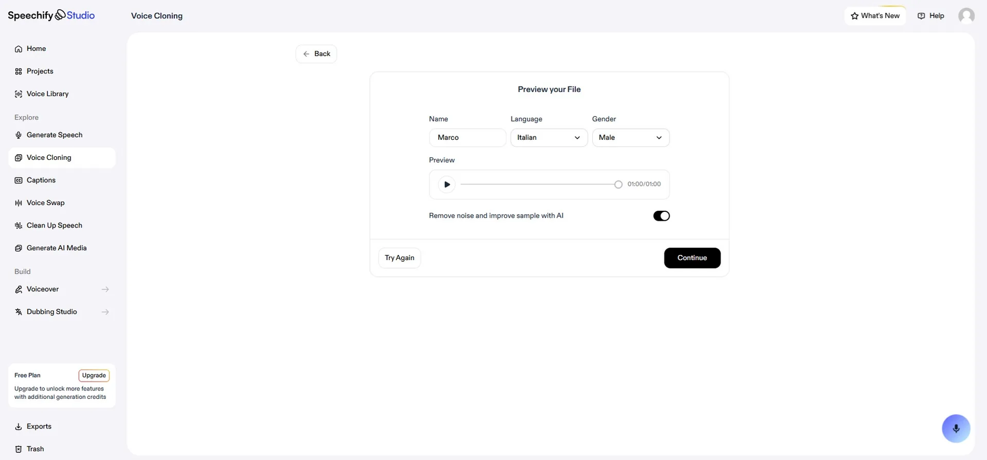 Anteprima del clone vocale in Speechify Studio